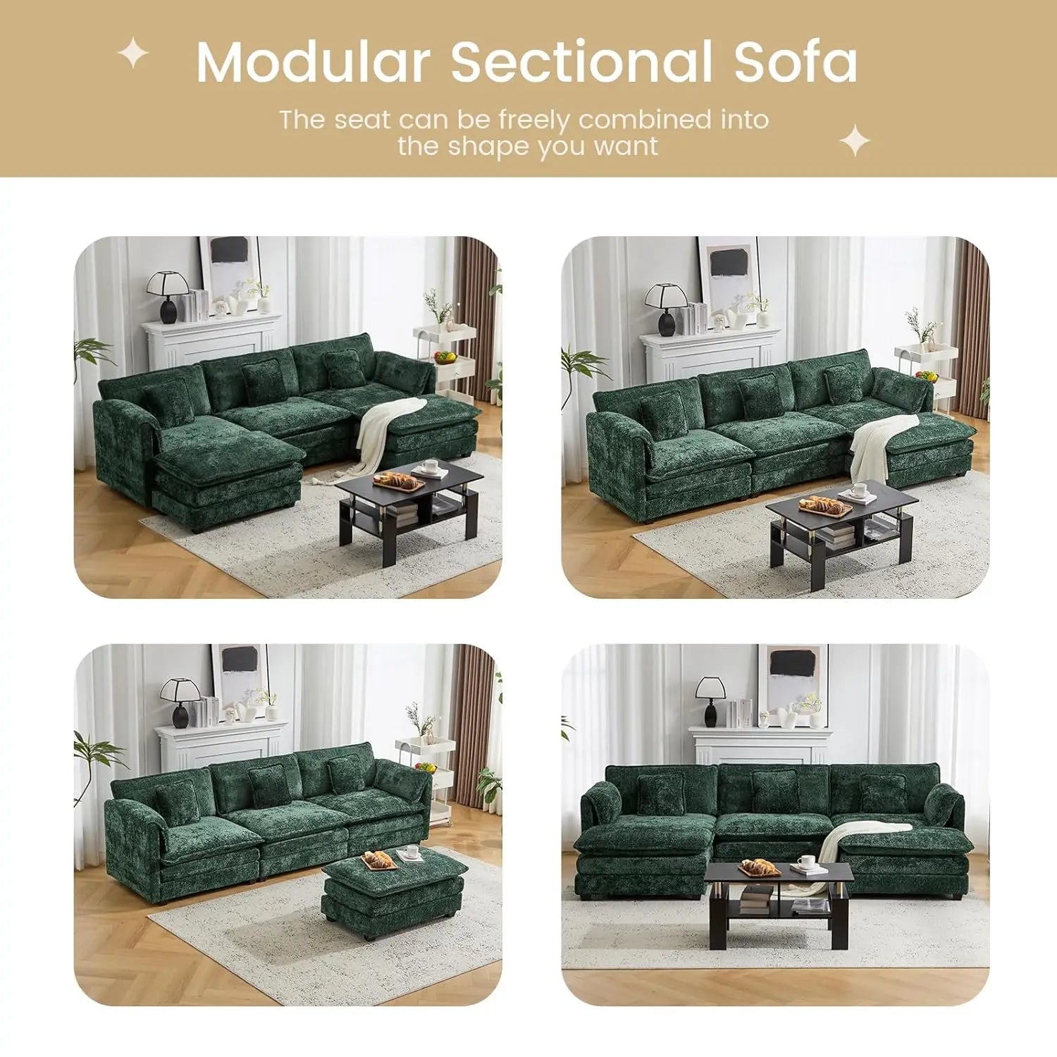147.8" Cloud U-Shaped Modular Sectional Sofa, Movable Ottoman Deep Seat
