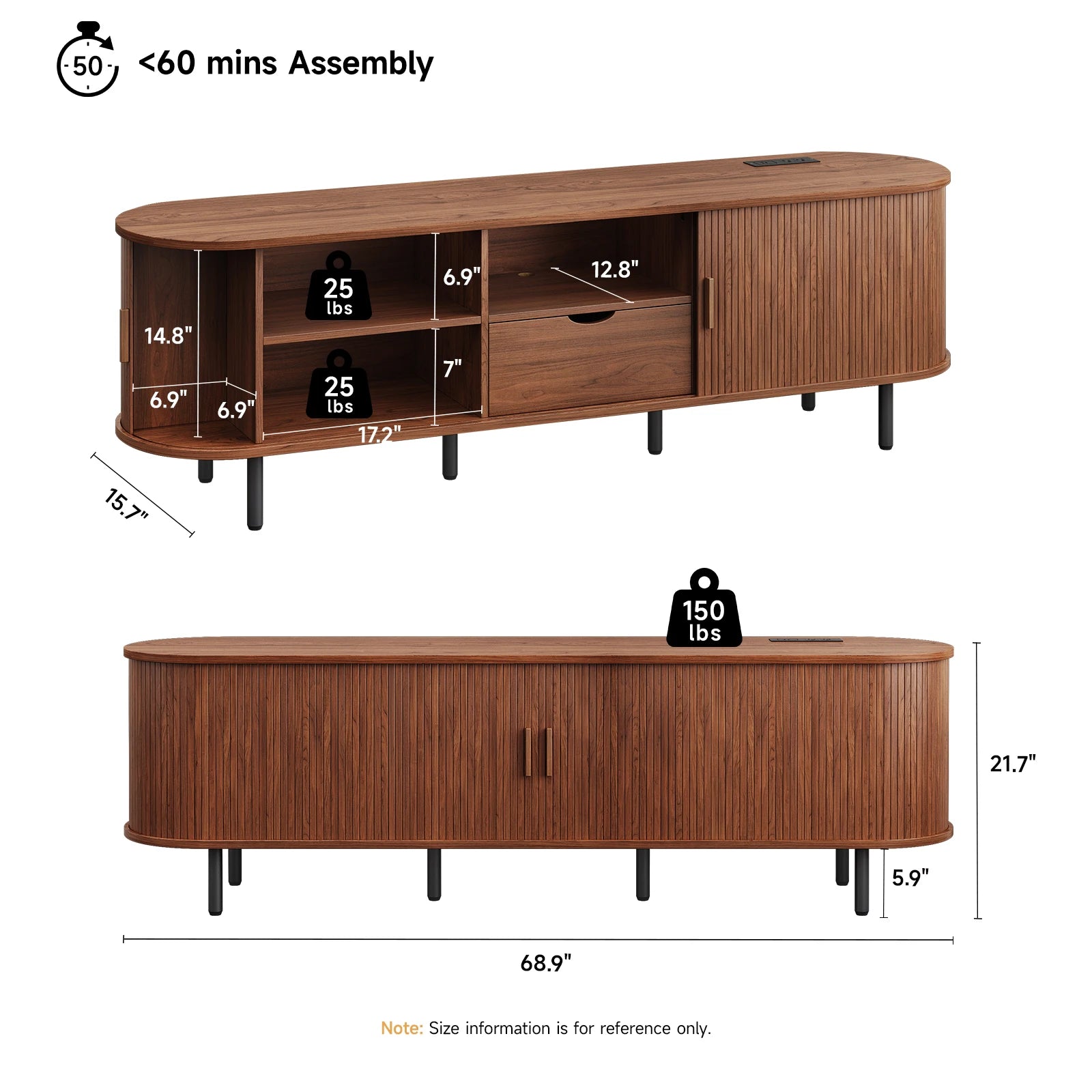 69IN TV Console for TVs up to 80", with Storage, Drawer and Adjustable Shelves