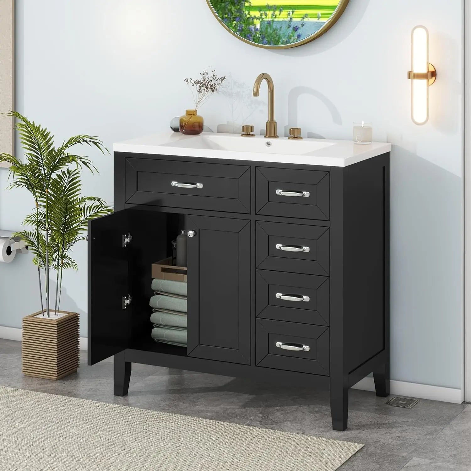36in Wood Bathroom Vanity/Sink, 3 Drawer Storage Adjustable Shelf.