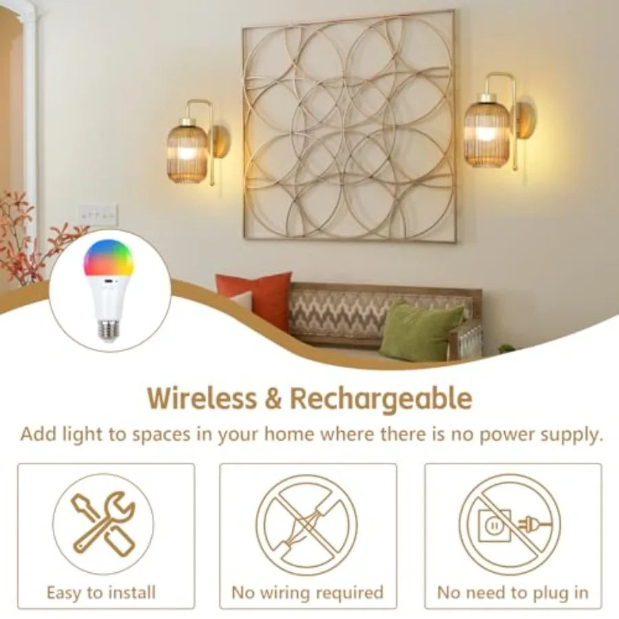 Gold Wireless Wall Sconces Battery Operated, Rechargeable Set-of-2 w/Remote and Bulb