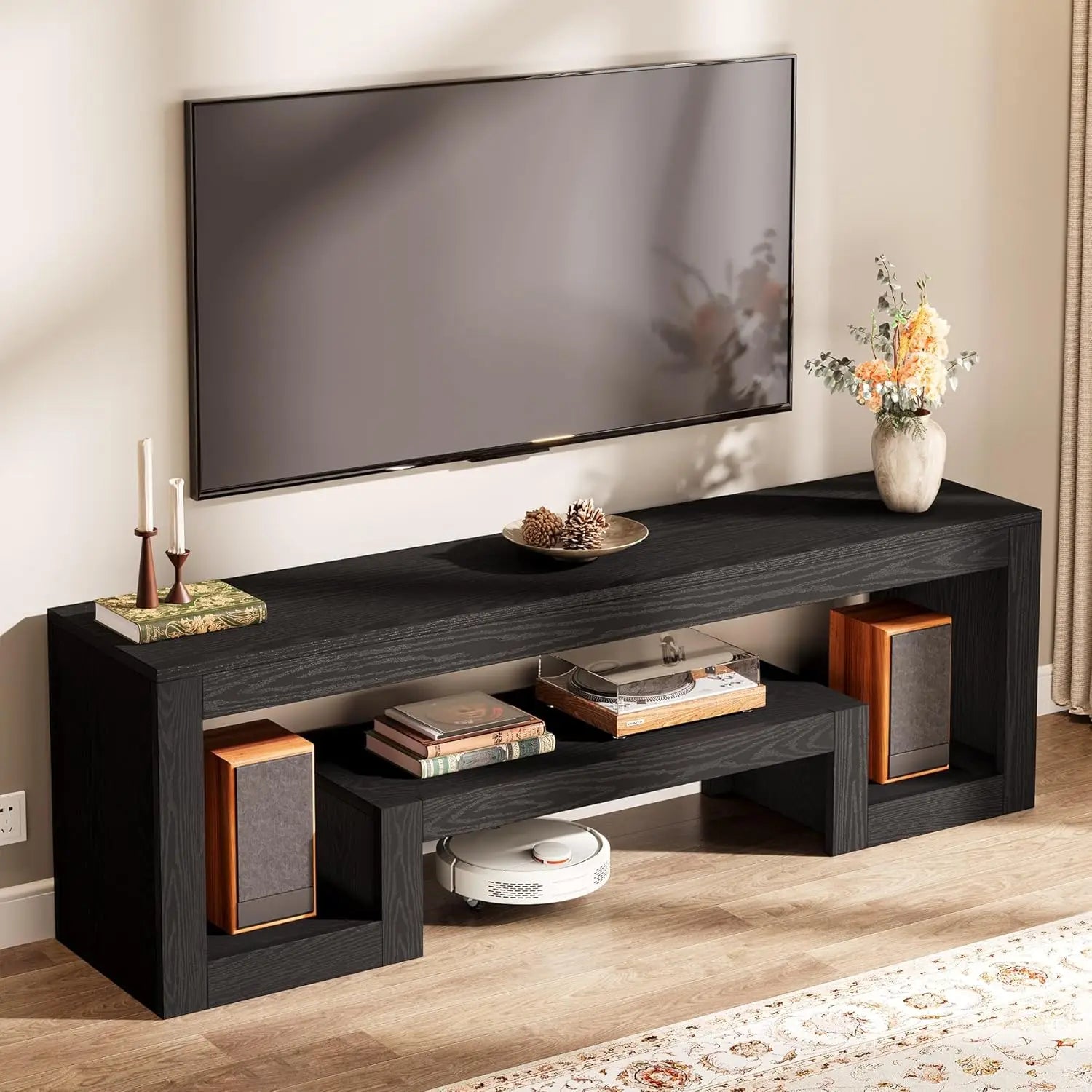 63IN Wood TV Stand Entertainment Center Open Storage Shelves