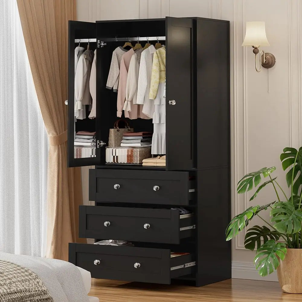 71" Armoire Wardrobe Mirror 2-Door Hanging Rod 3-Drawer