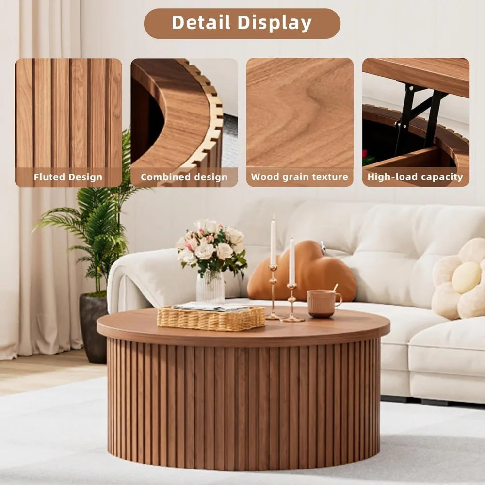 Fluted  31.6IN Round Lift Top Coffee Table with Hidden Storage