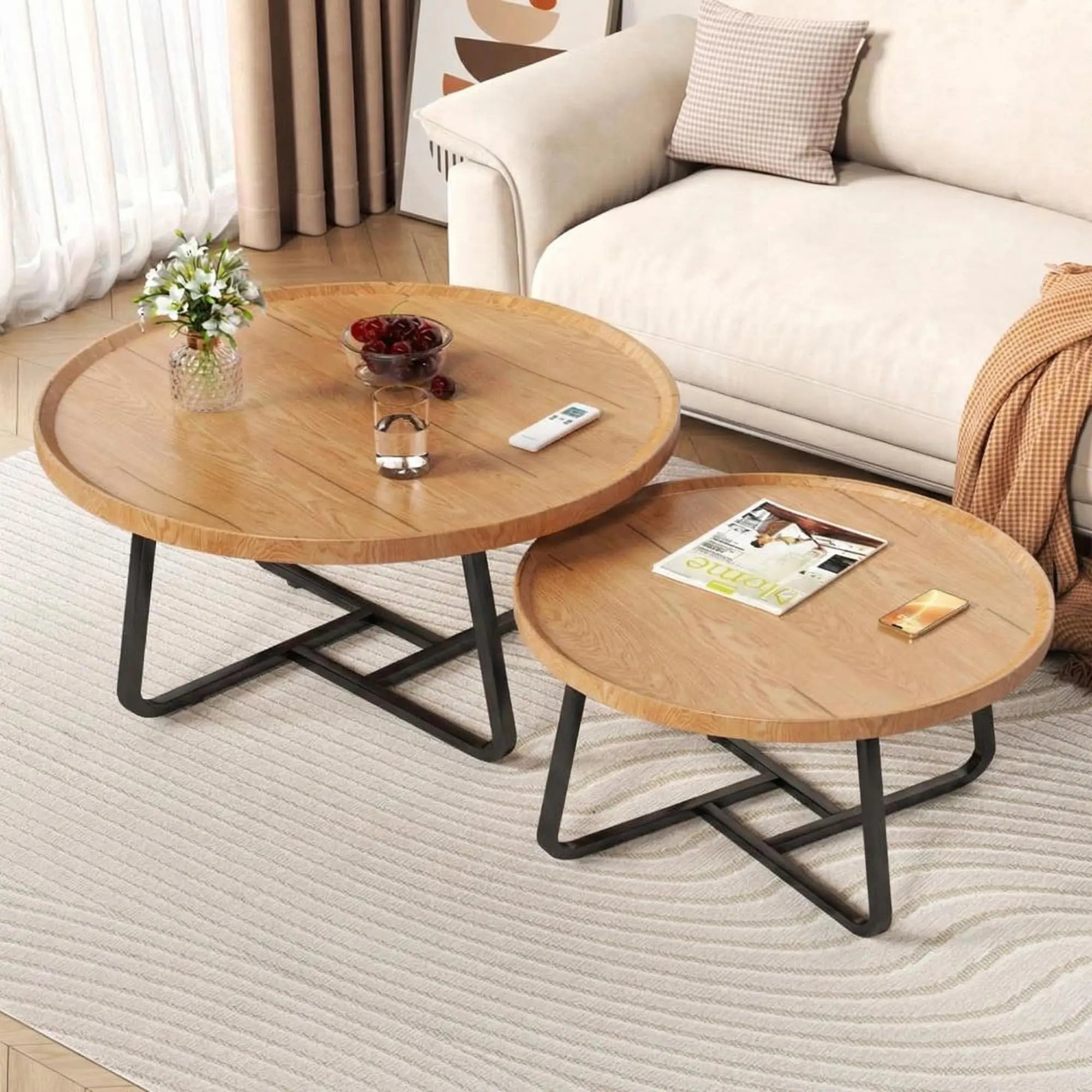 Nesting Coffee Table Set 2 Fluted Round Wood Tables Sturdy