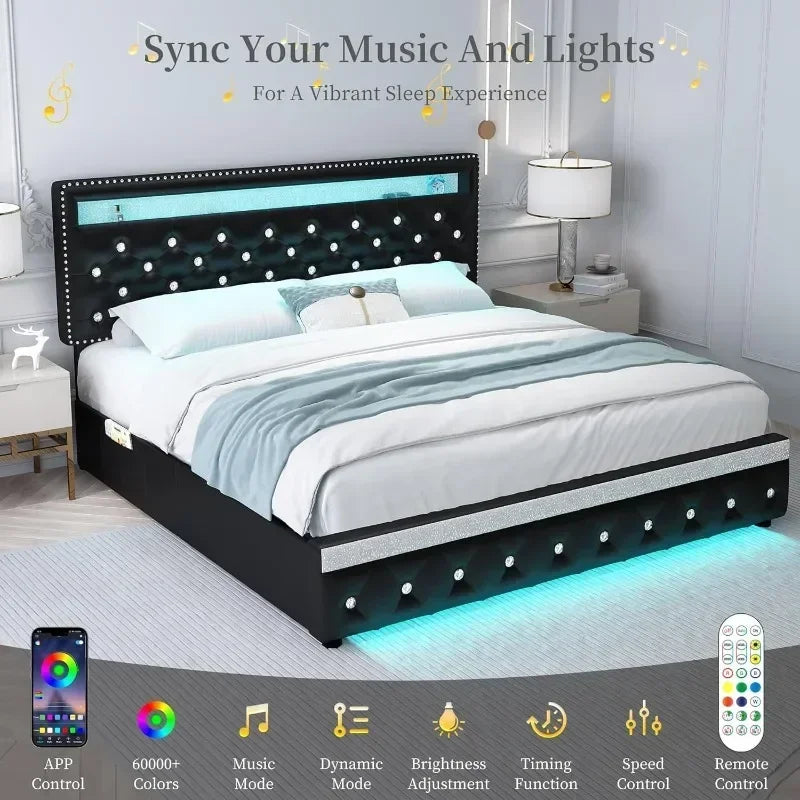LED Platform Queen Size Bed Frame 2-Drawers Upholstered Design