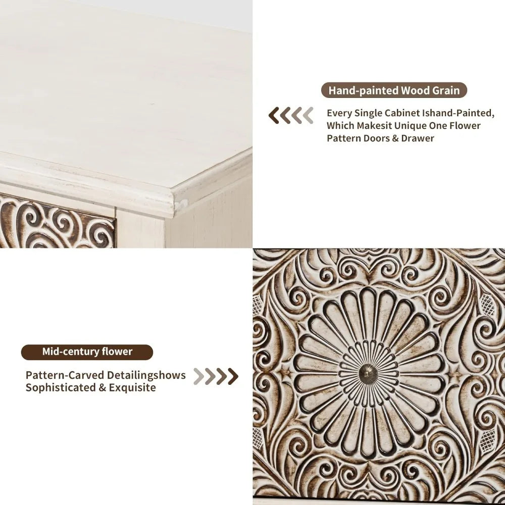 White Nightstand 2-Drawer & Storage Flower Motif
