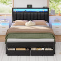 Bed Frame, Charging Station LED Lights, Grey Upholstered Headboard, Shelves,
