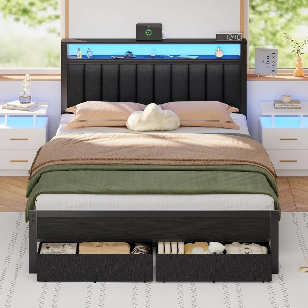Bed Frame, Charging Station LED Lights, Grey Upholstered Headboard, Shelves,