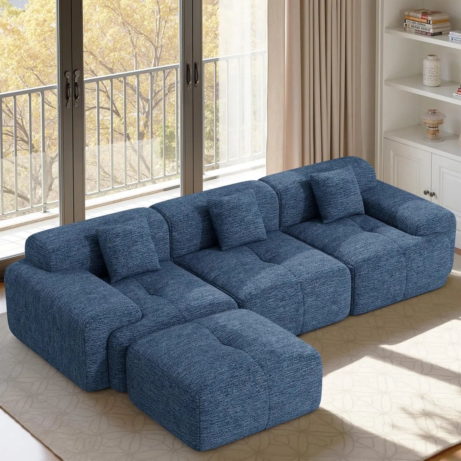 122" L Shaped Boneless Modular Cloud Couch Sectional, Ottoman, 4-Seat