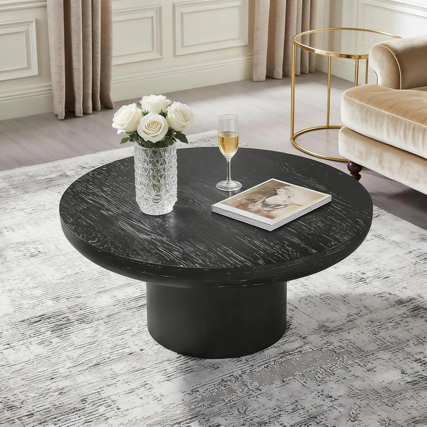Rustic 35.98'' Round Wood Pedestal Coffee Tables