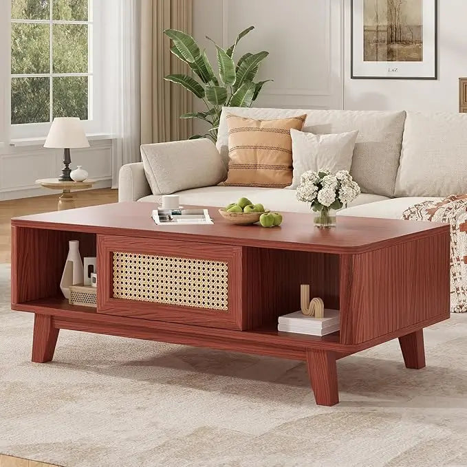 Mid Century Coffee Table, Rattan Drawer, Wood Storage Table
