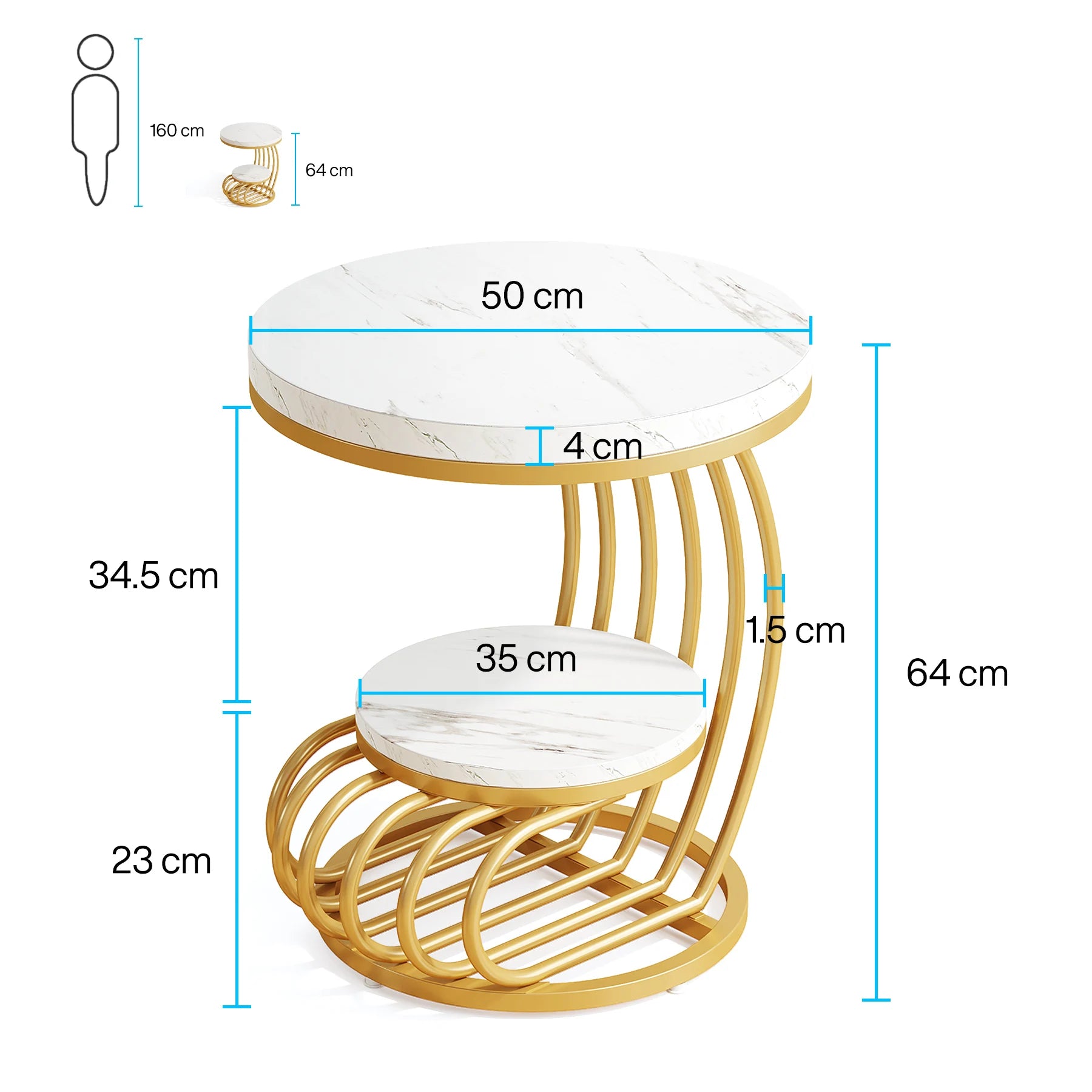Gold Round End Table 2-Tier, Faux Marble, Storage Shelf