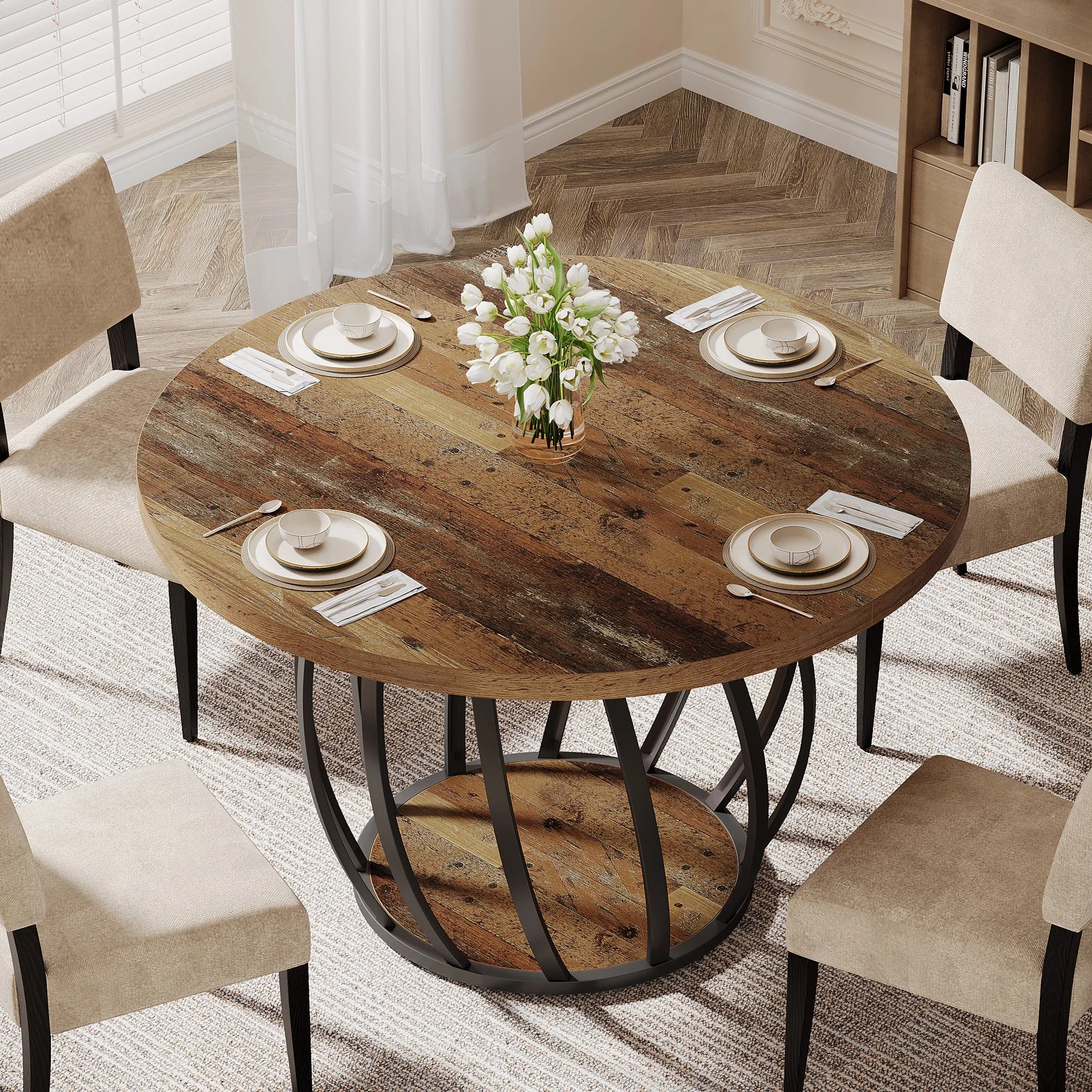 Dining Table, 46IN Round Wood Table, Sturdy Metal Base for 4-6