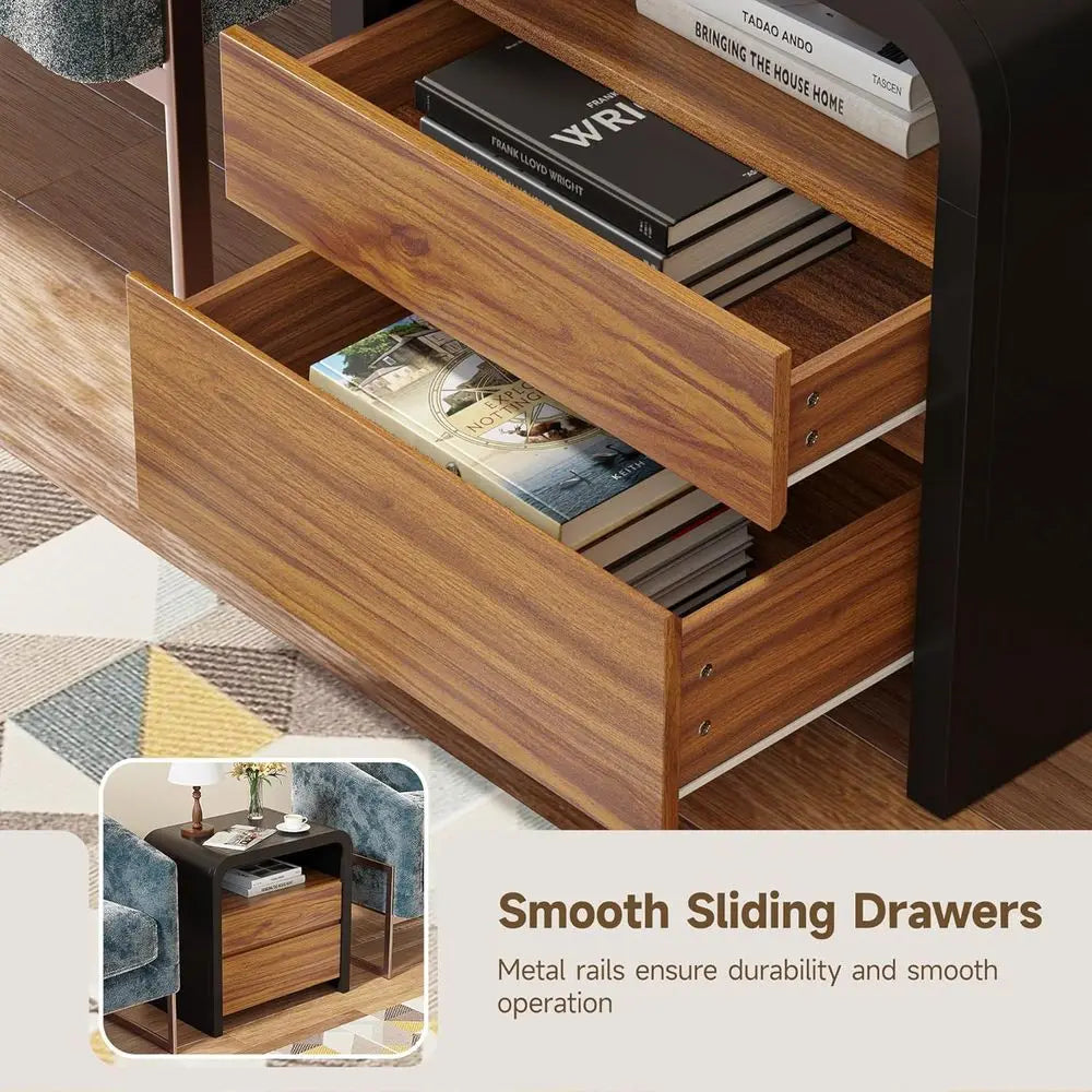 24IN Nightstand, Curved Anti-Collision Design 2 Storage