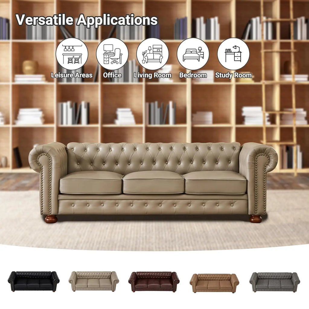 89" Leather Sofa Low Back Roll Arm Nail Head Trim 3-Seat