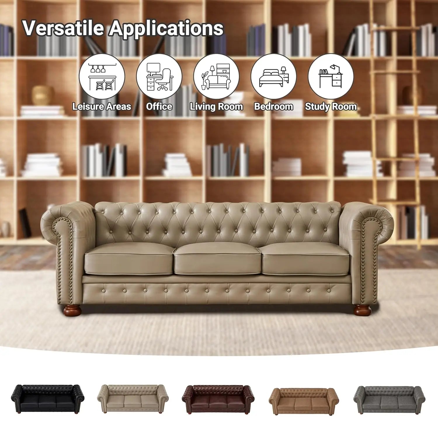 89" Leather Sofa Low Back Roll Arm Nail Head Trim 3-Seat