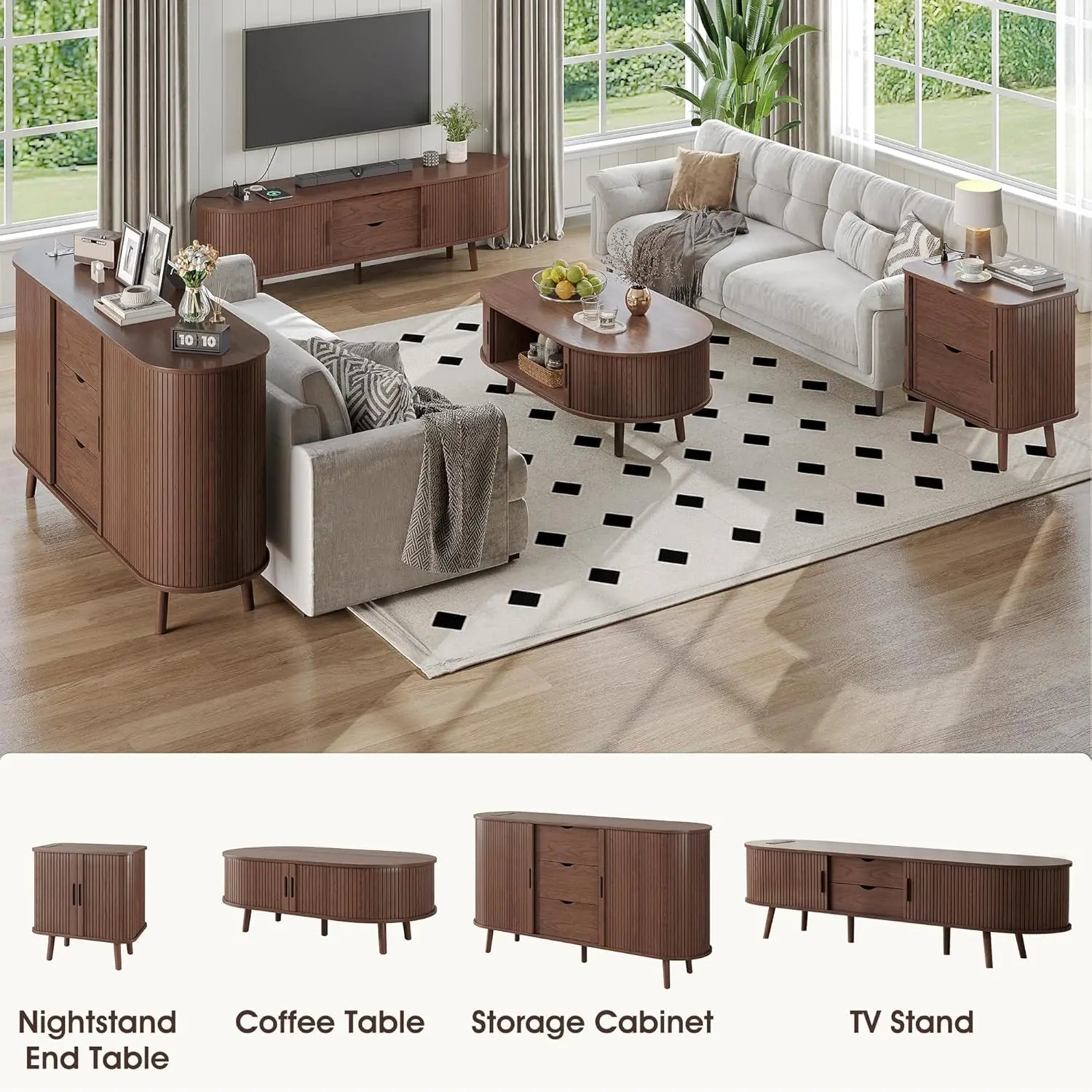 Oval Coffee Table Tambour Door Fluted Hidden Storage Walnut