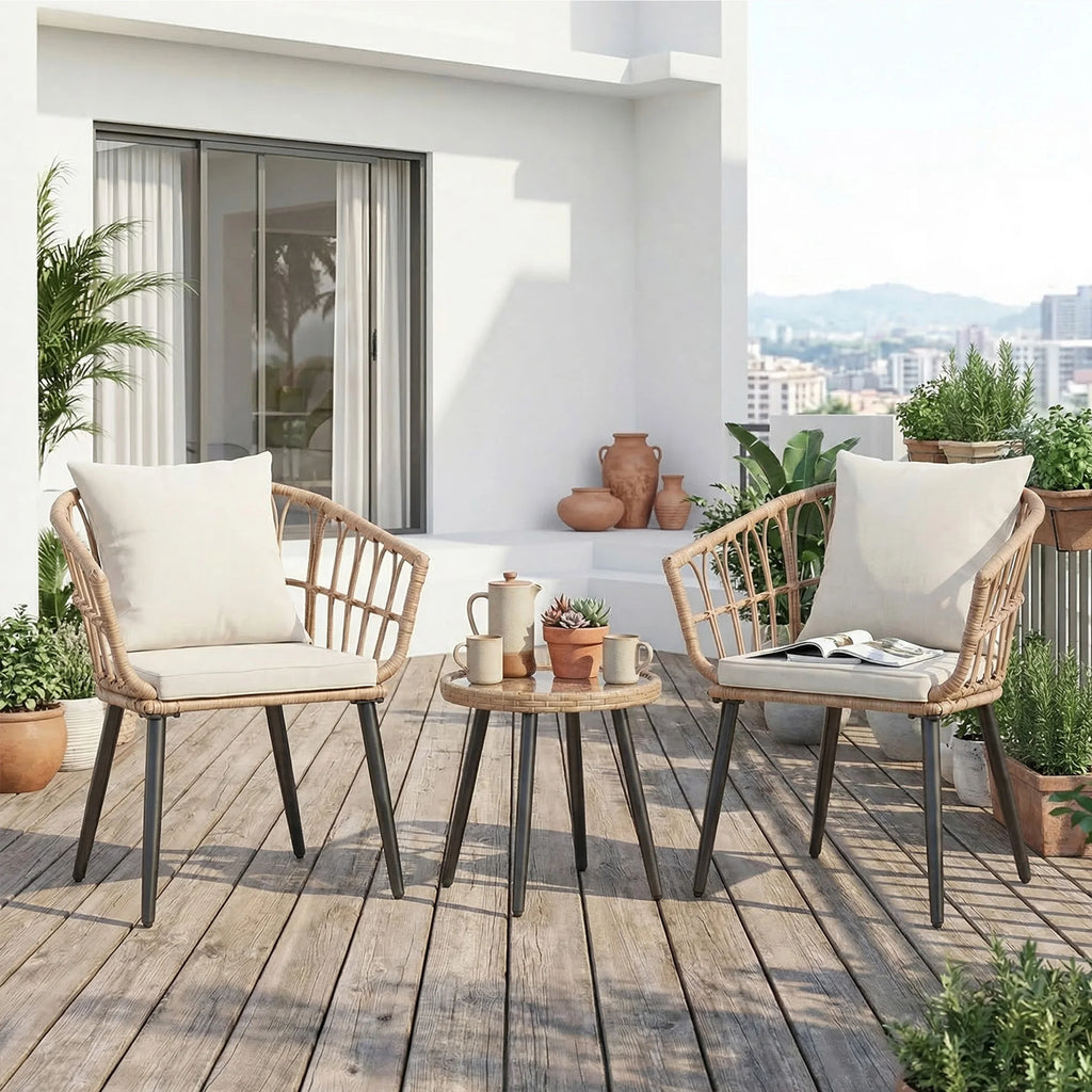 3 Pieces Wicker Set Soft Cushion Glass Steel Frame Table