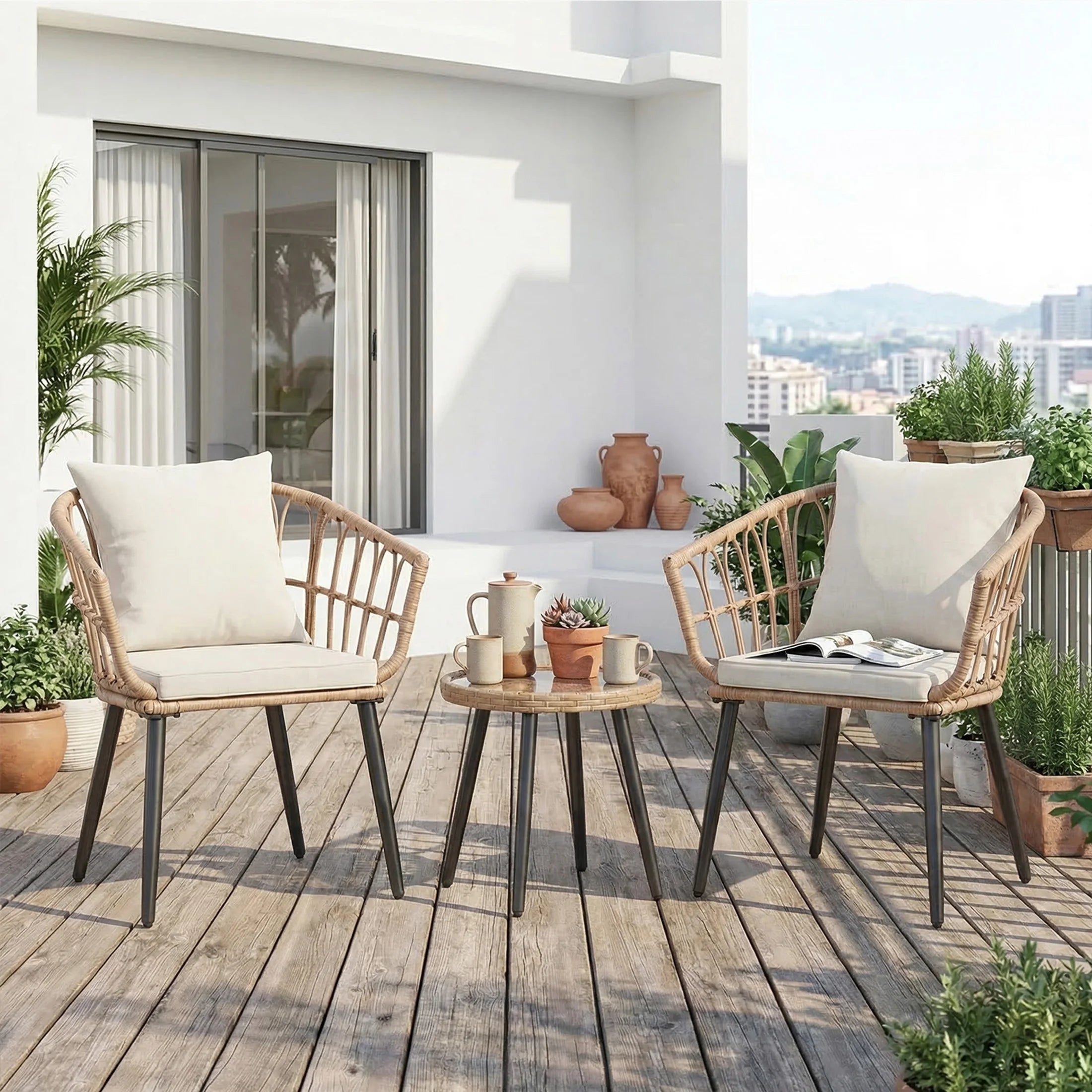 3 Pieces Wicker Set Soft Cushion Glass Steel Frame Table