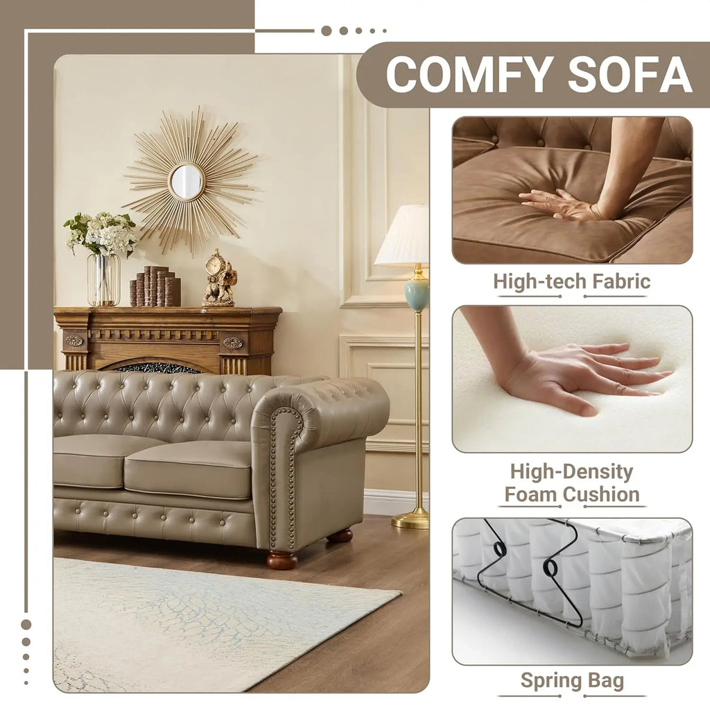 89" Leather Sofa Low Back Roll Arm Nail Head Trim 3-Seat