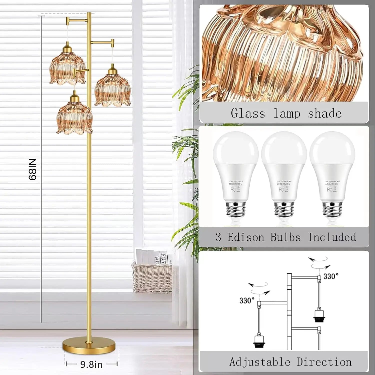 68IN Gold Floor Lamp Unique Glass Shades Includes 3 Bulbs
