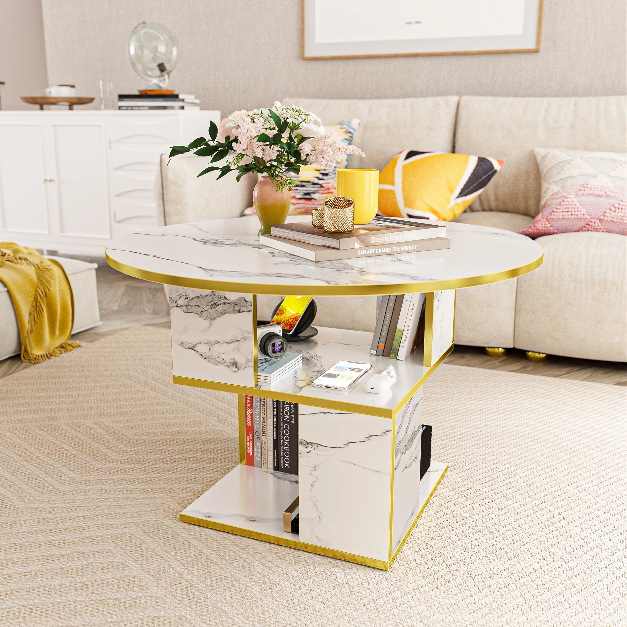 3-Tier Coffee Table, Storage, Wooden Tabletop-Marble White Gold Frame