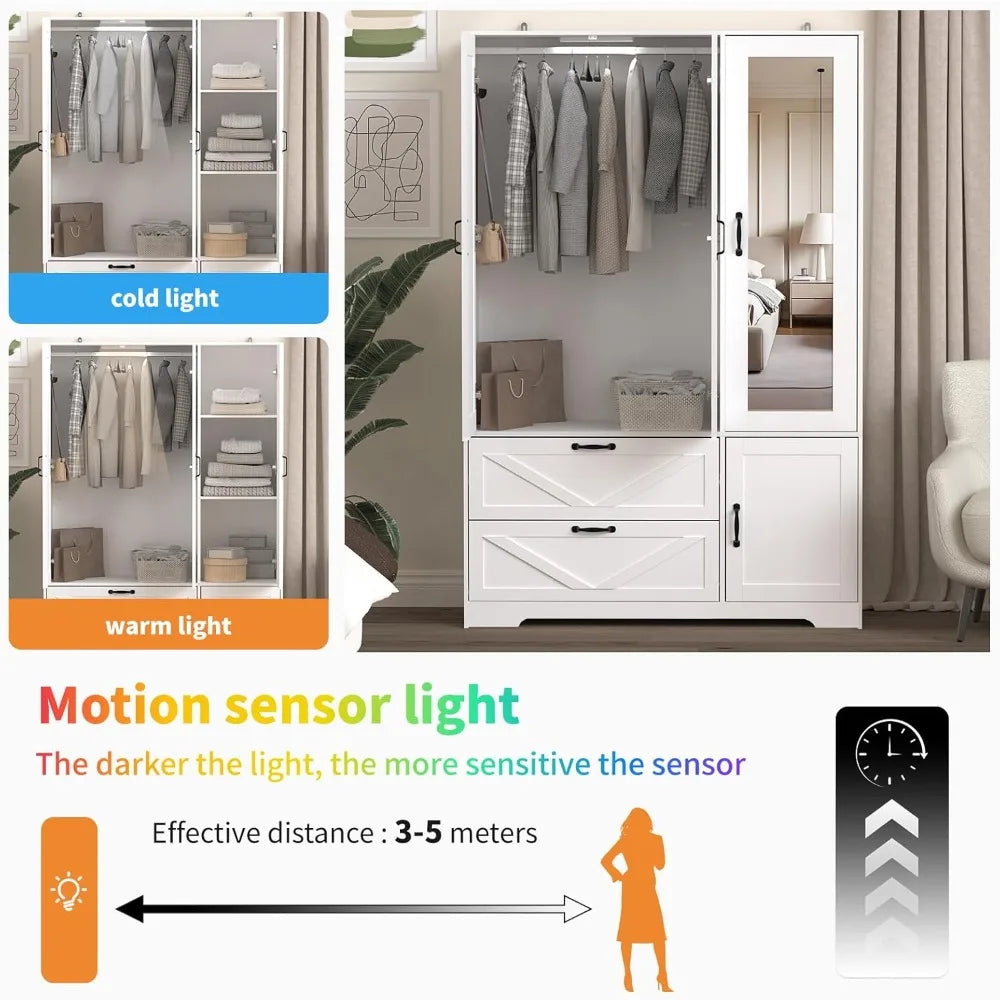 71.7" Armoire Wardrobe Mirror 3-Doors 2-Drawers Motion Sensor