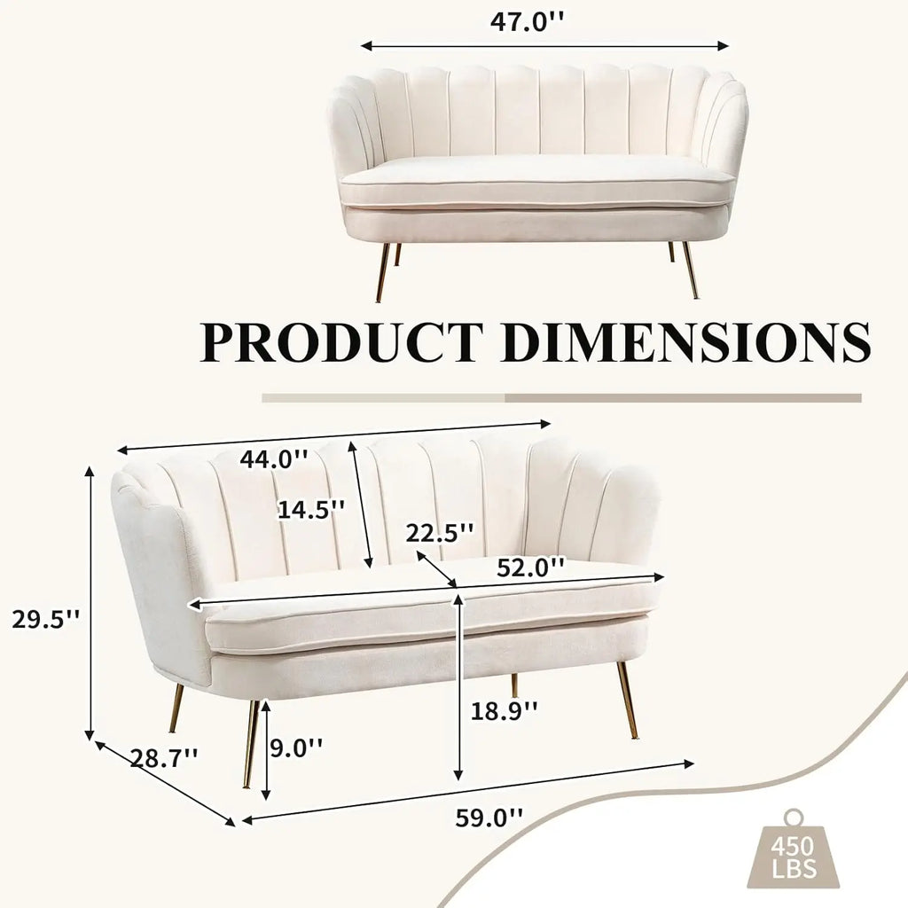 59" Chenille Upholstered Loveseat, Gold Metal Legs, Petal Design