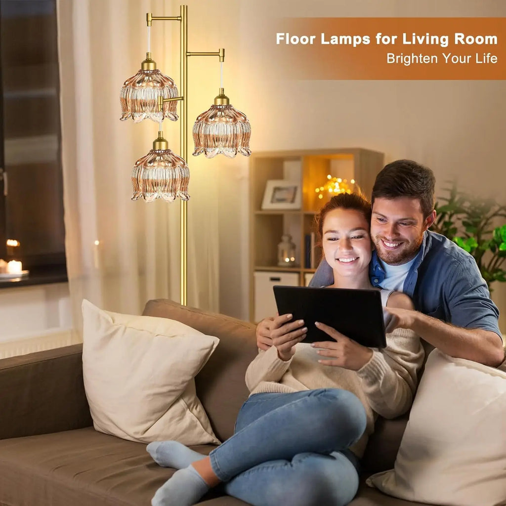 68IN Gold Floor Lamp Unique Glass Shades Includes 3 Bulbs