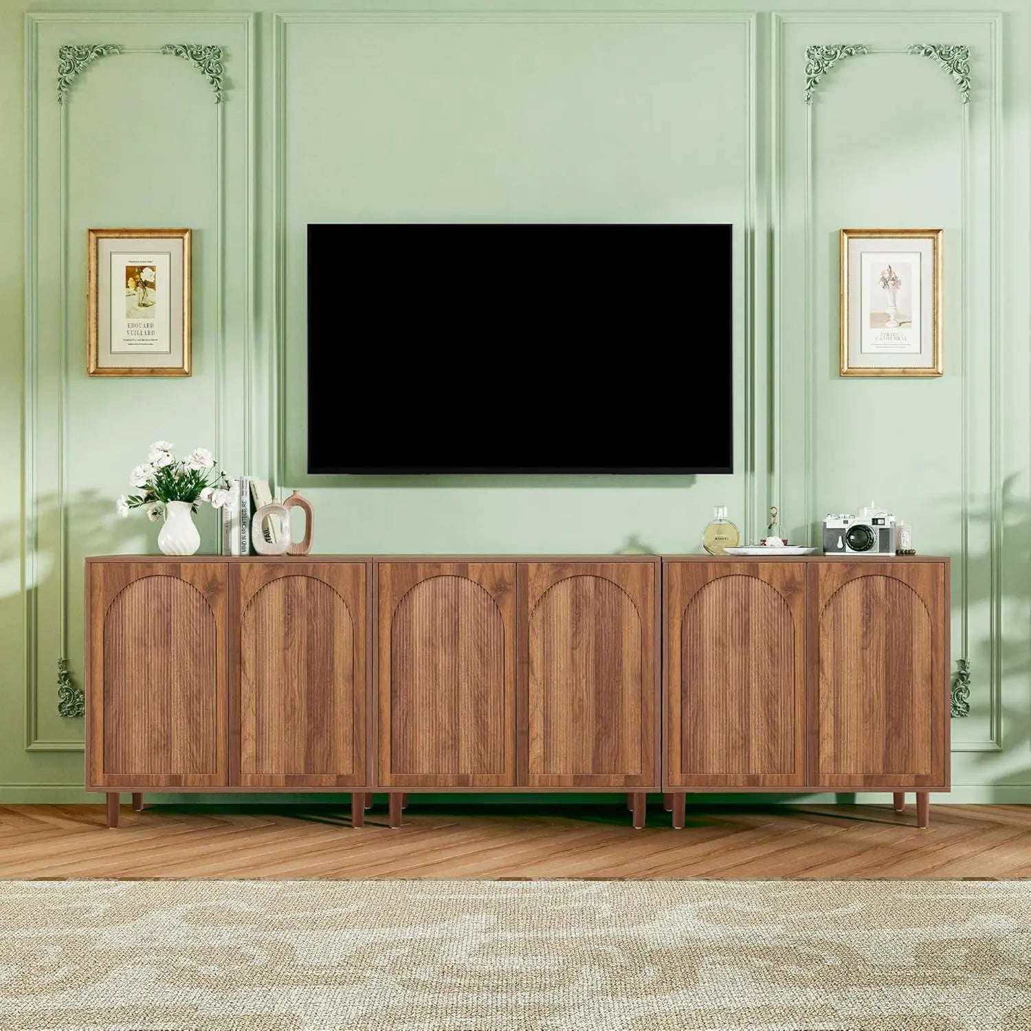 63" Fluted Buffet Cabinet Wood Arched Profile