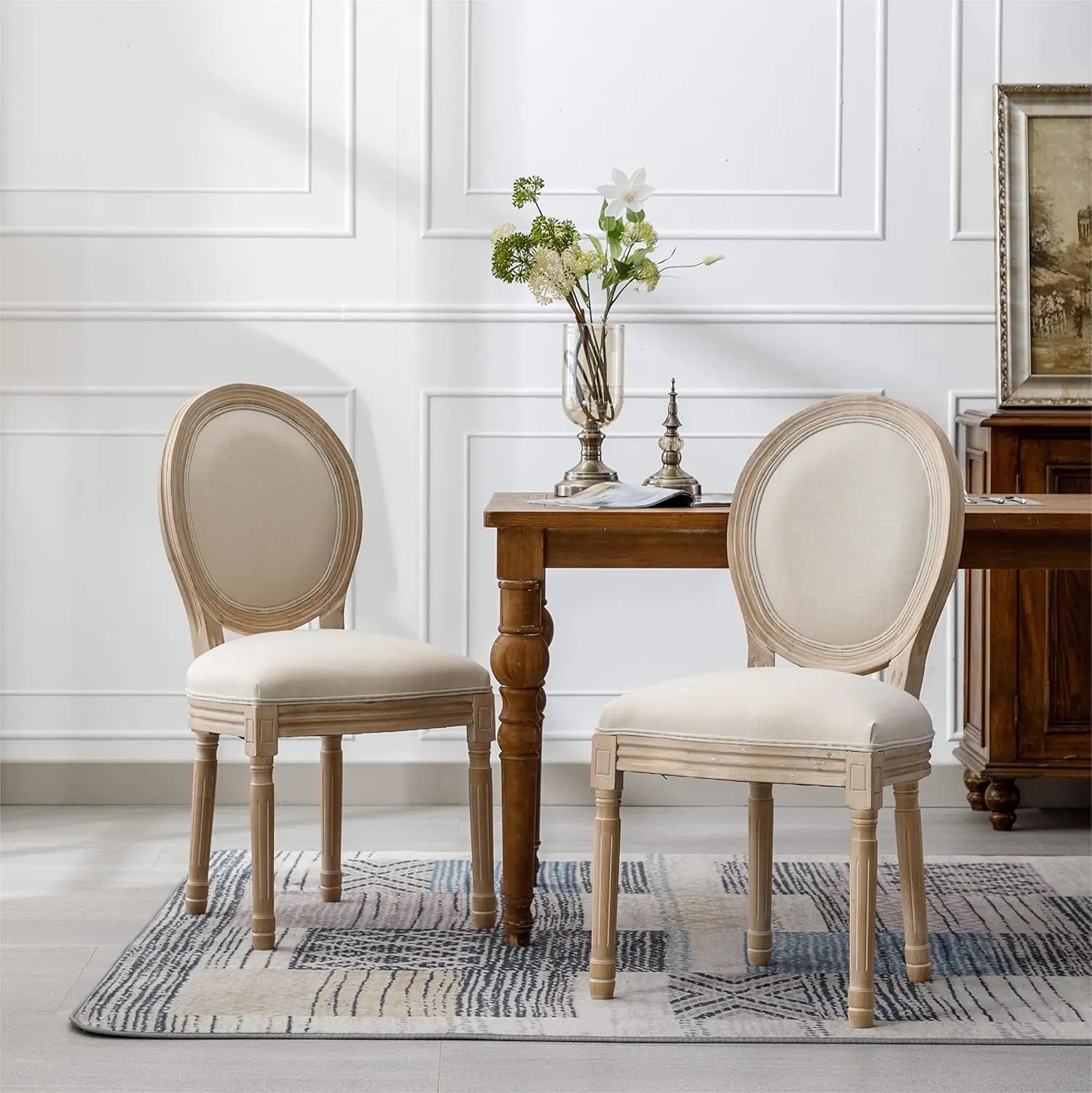 Set-of-2 French Round Back Upholstered Solid Wood Dining Chairs Armrest