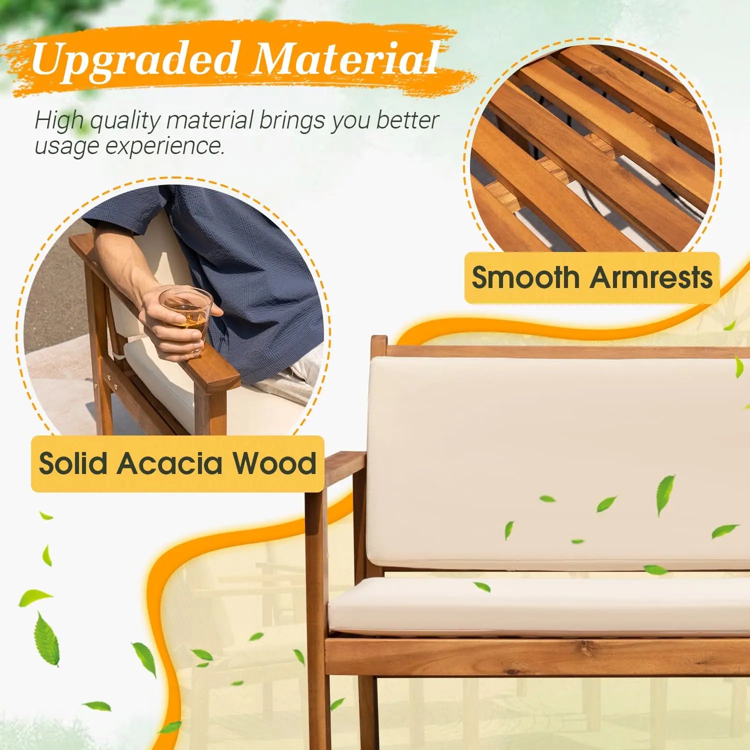 4-Piece Acacia Wood Patio Bistro Set Loveseat Coffee Table Cushion