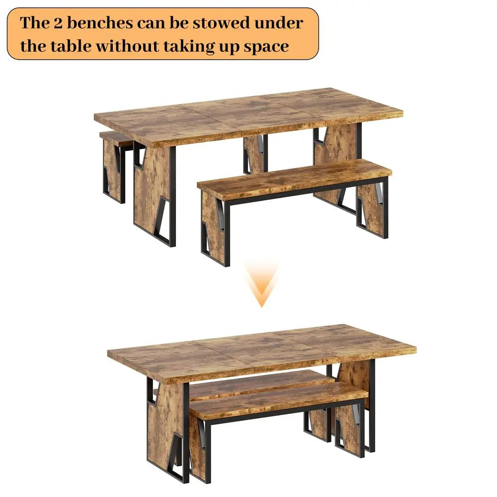 Wood Dining Table 2 Benches for 4-6 People, Thickened MDF
