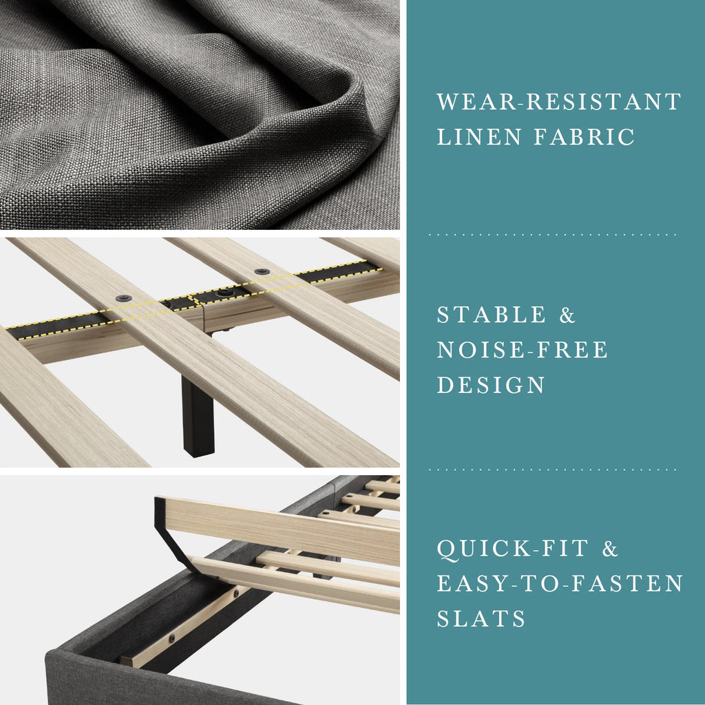 Upholstered Bed Frame, Adjustable Linen Headboard, Sturdy Wood Slats