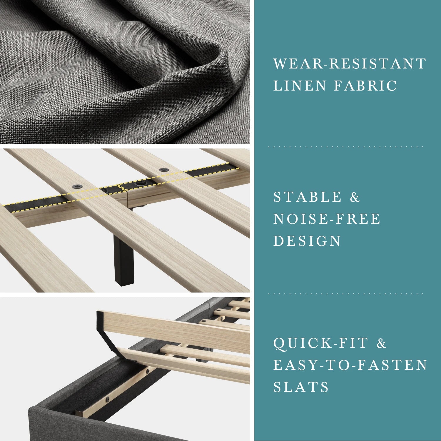 Upholstered Bed Frame, Adjustable Linen Headboard, Sturdy Wood Slats