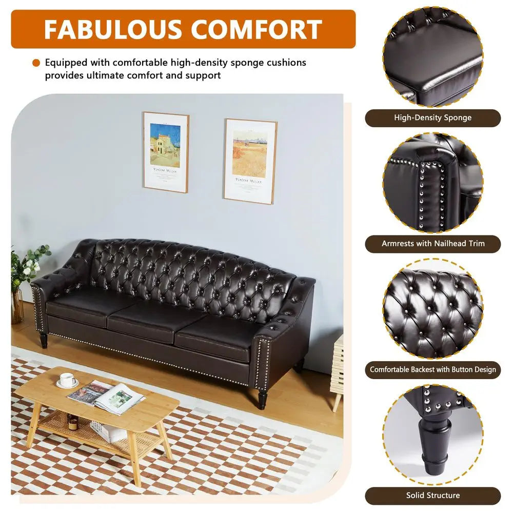 Leather Couch, 80IN, High Back, Chesterfield Sofa Sleeper Settee, Solid Wood Leg
