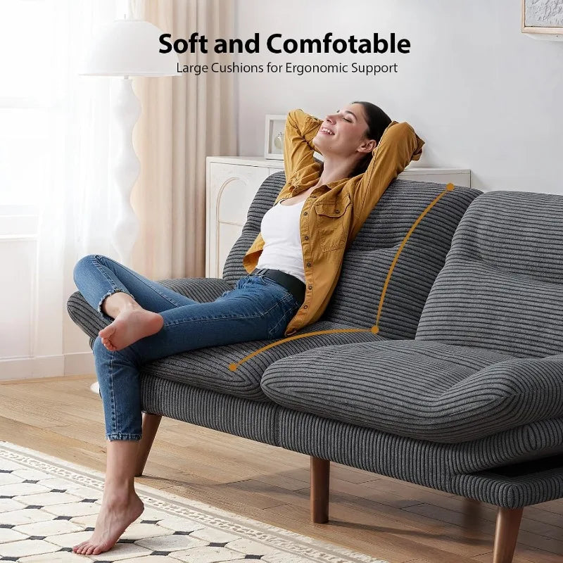Futon Sofa Bed, 66IN Corduroy Recliner Sleeper, Adjustable Backrest, Armrests