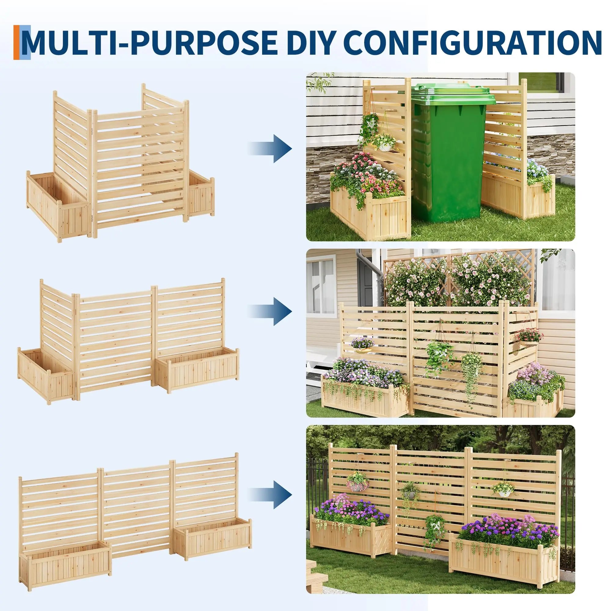 Planter w/Trellis Wooden Raised Bed, Privacy Fence Panels
