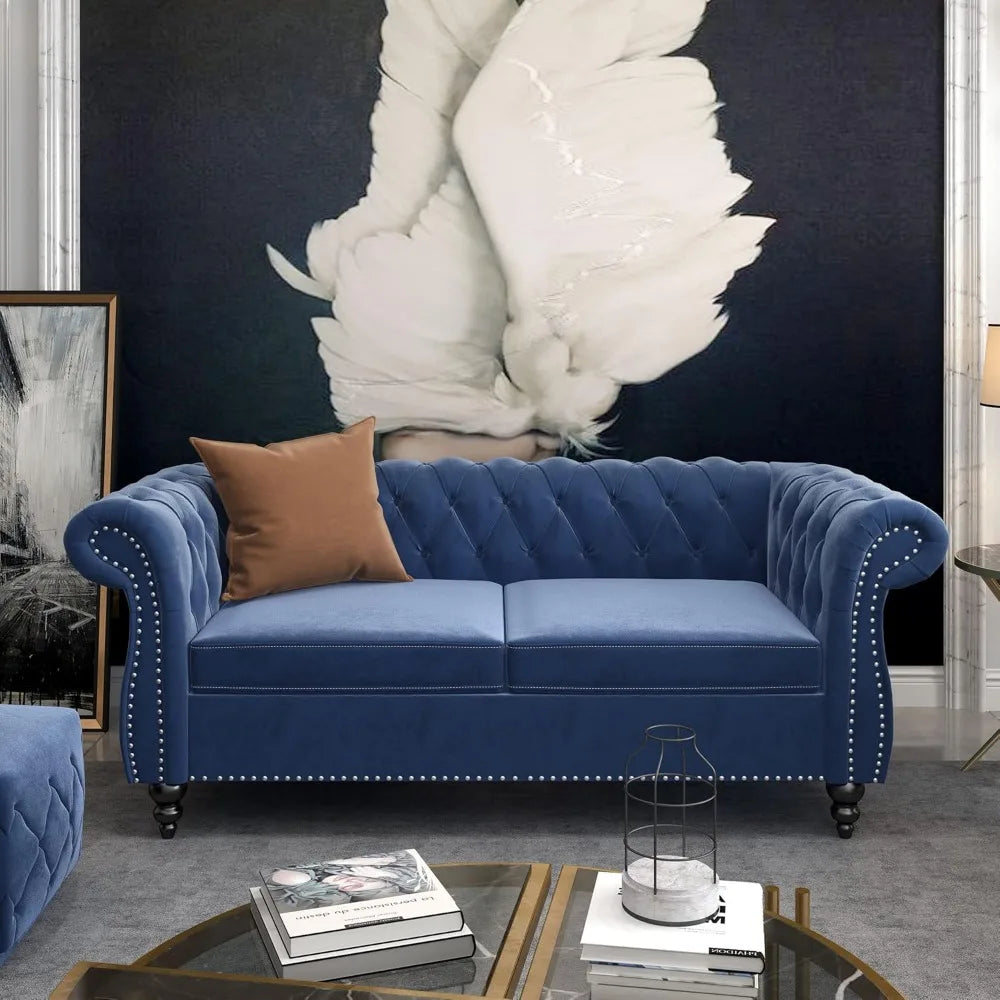 3-Piece Set, Velvet Chesterfield Sofa, Loveseat, Chair with Scroll Arms