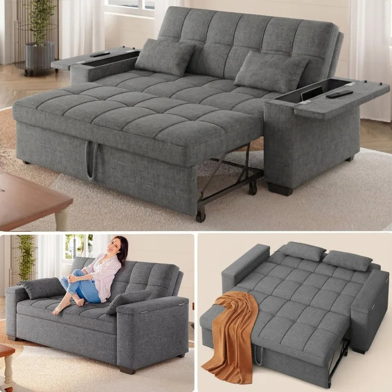 3-in-1 63.6'' Pull Out Couch w/Storage Armrests, Adjustable Backrest & Pocket