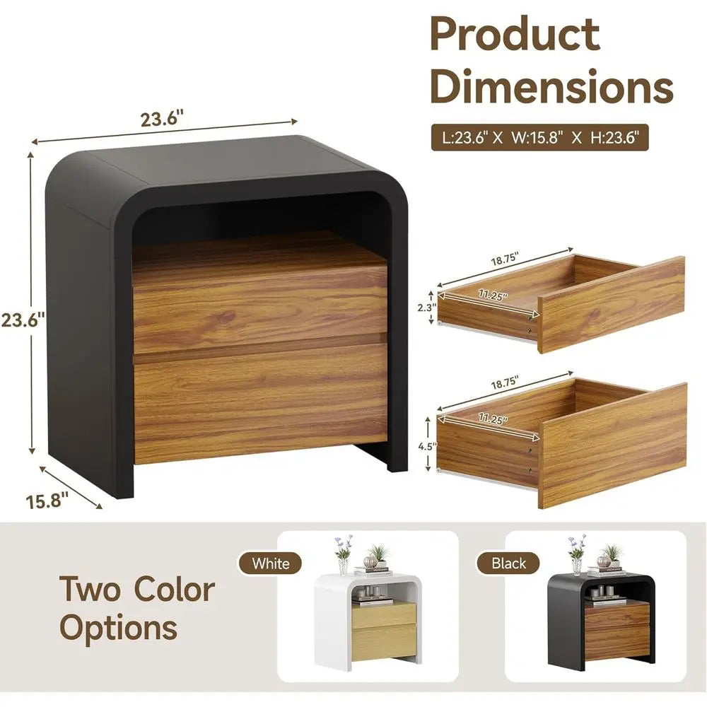 24IN Nightstand, Curved Anti-Collision Design 2 Storage