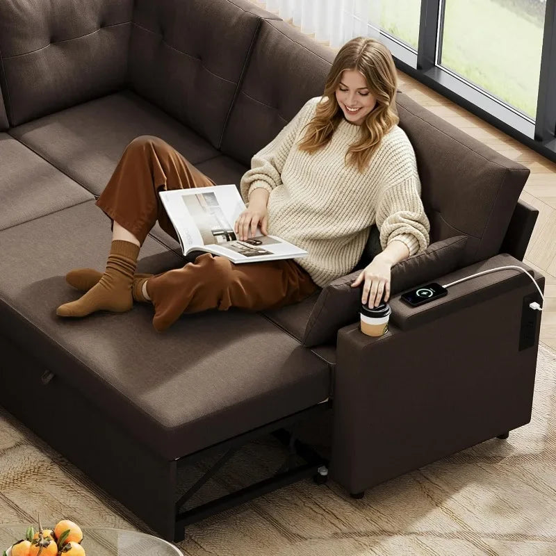 110'' Sectional 7-Seat U-Shape Pull-Out Sleeper, Storage Chaise, Pillows