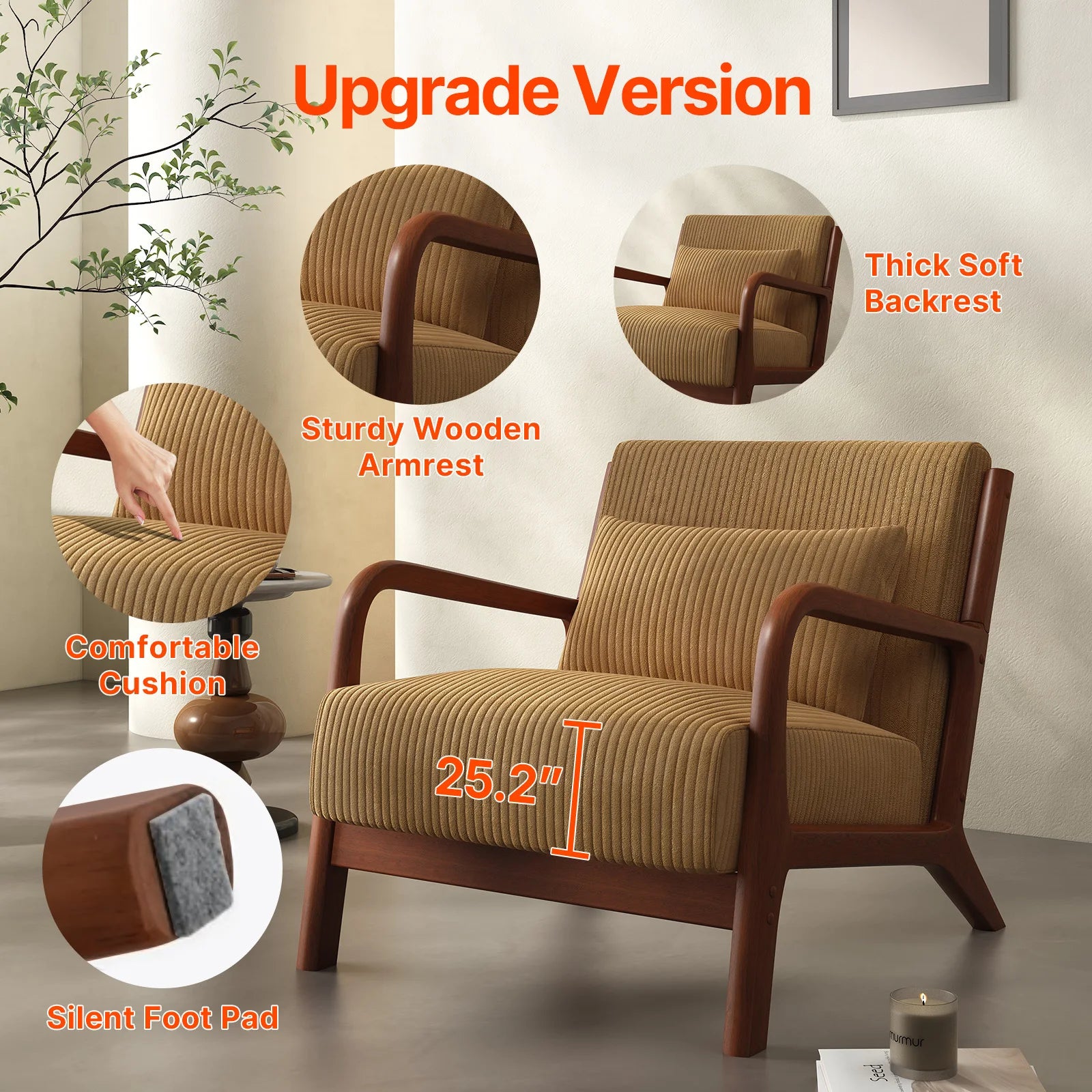 Mid-Century  Accent Chair, Comfy Fabric with Solid Wood Frame