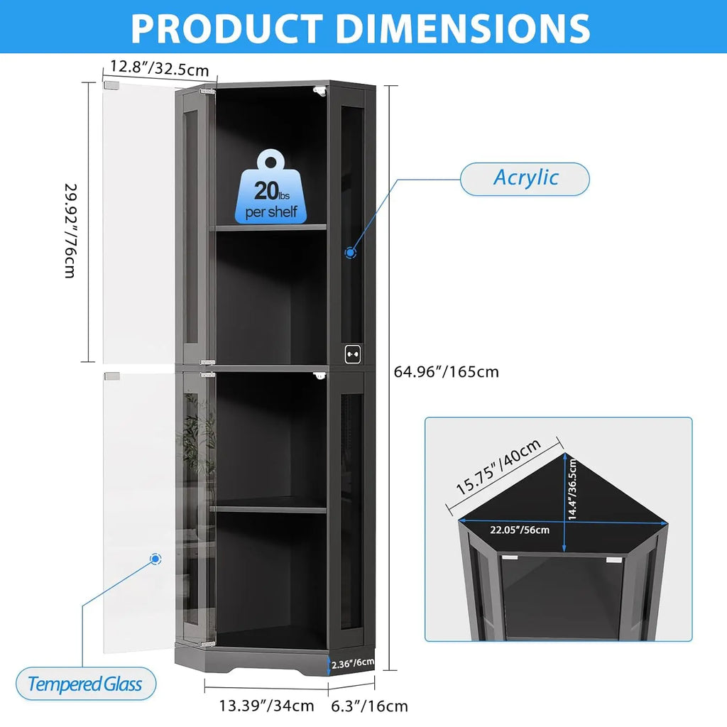 65" Corner Glass Display, LED Lights, 4-Tier, Glass Doors & Human Body Sensor