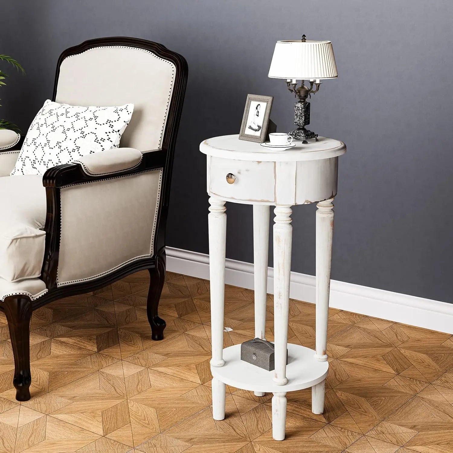 White Nightstand 2-Drawer & Storage Flower Motif