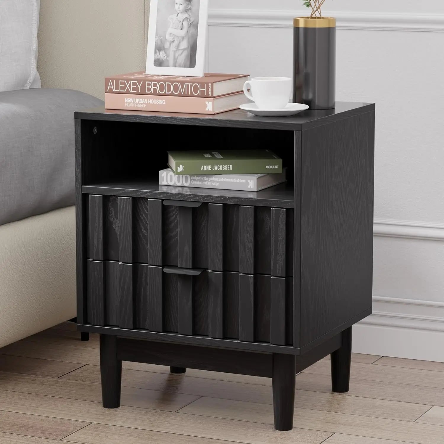 Fluted Nightstand 2-Drawers, 19" Wide Solid Wood Legs, Open Shelf