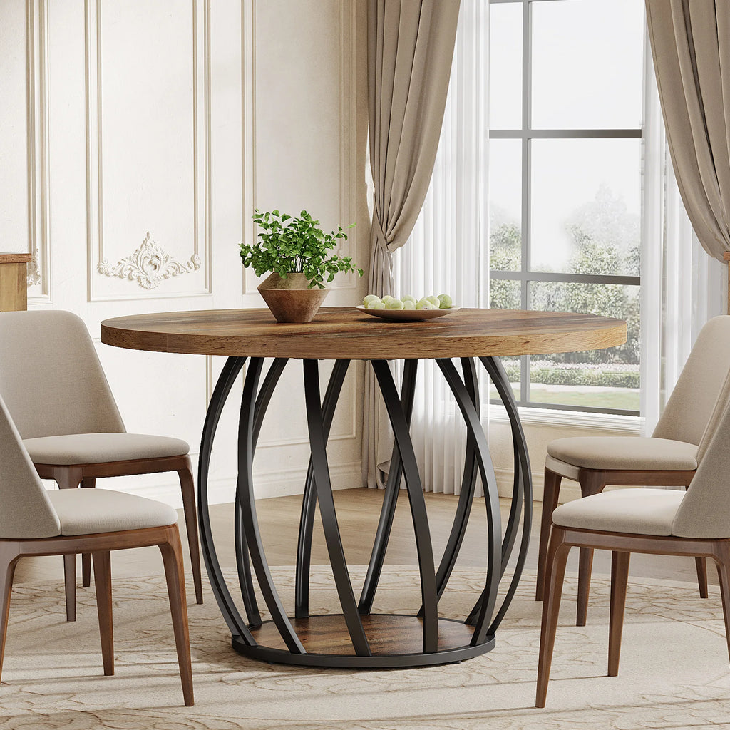 Dining Table, 46IN Round Wood Table, Sturdy Metal Base for 4-6