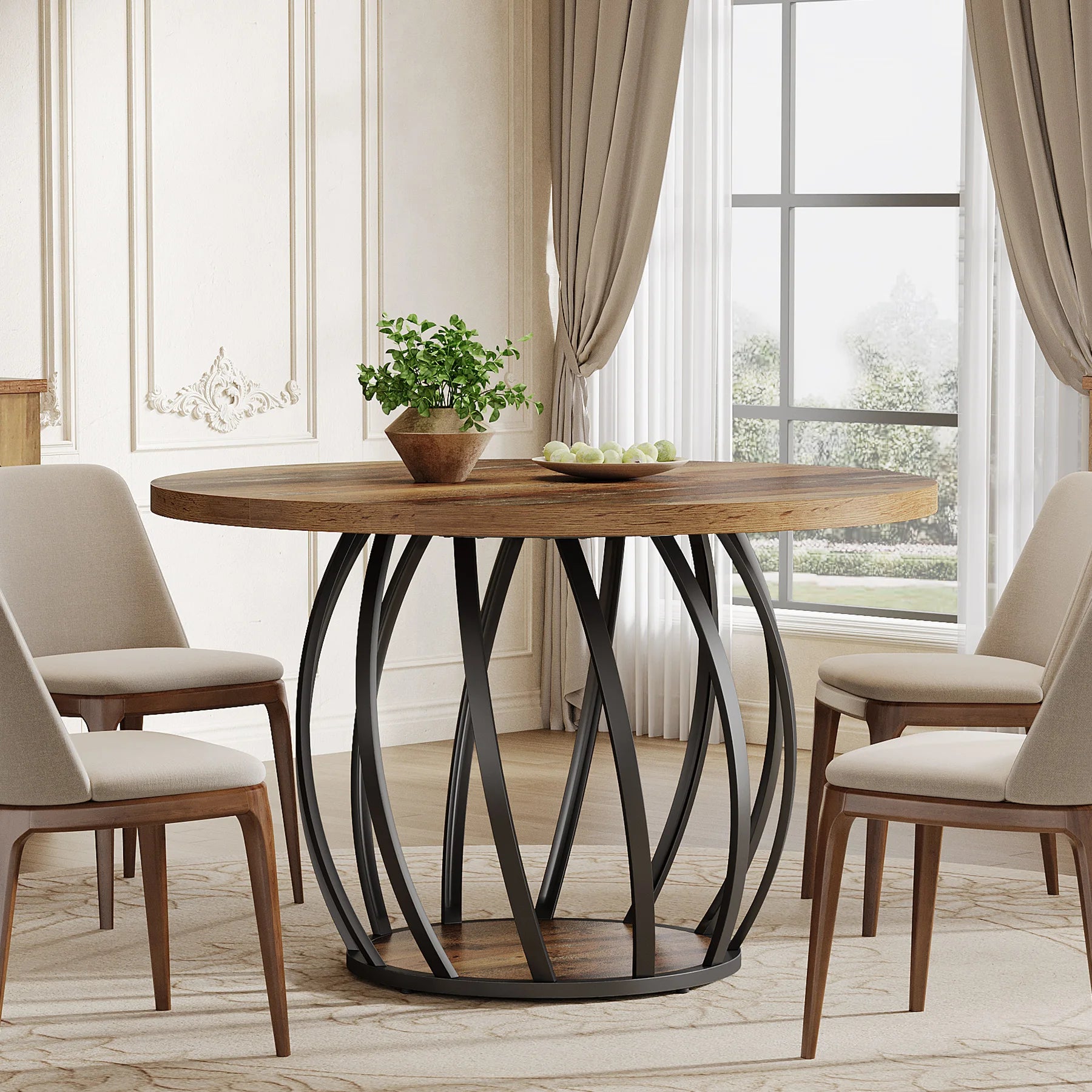 Dining Table, 46IN Round Wood Table, Sturdy Metal Base for 4-6