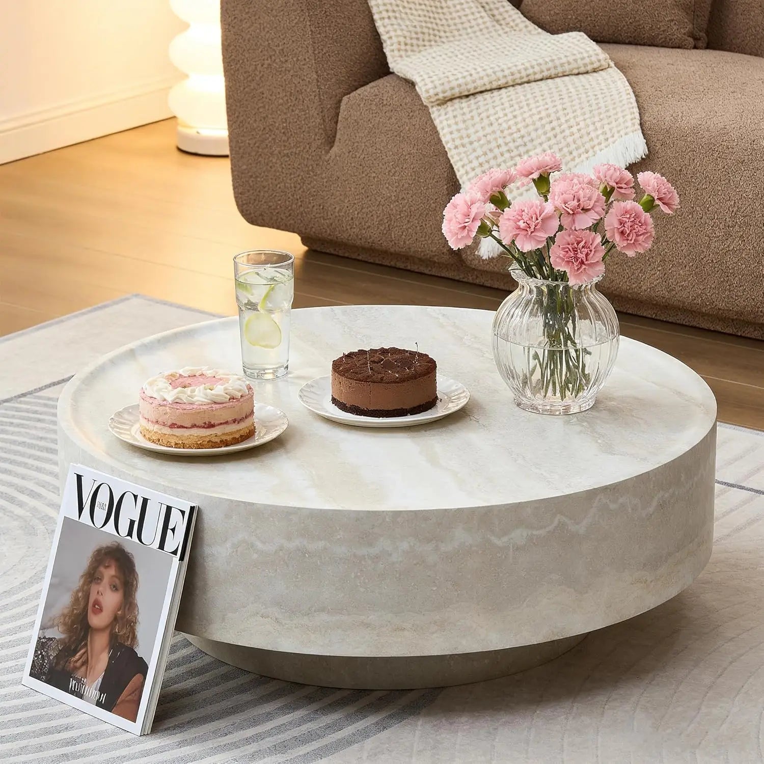 Luxury Faux Marble Round Coffee Table, 35.43IN, Drum Stone Center