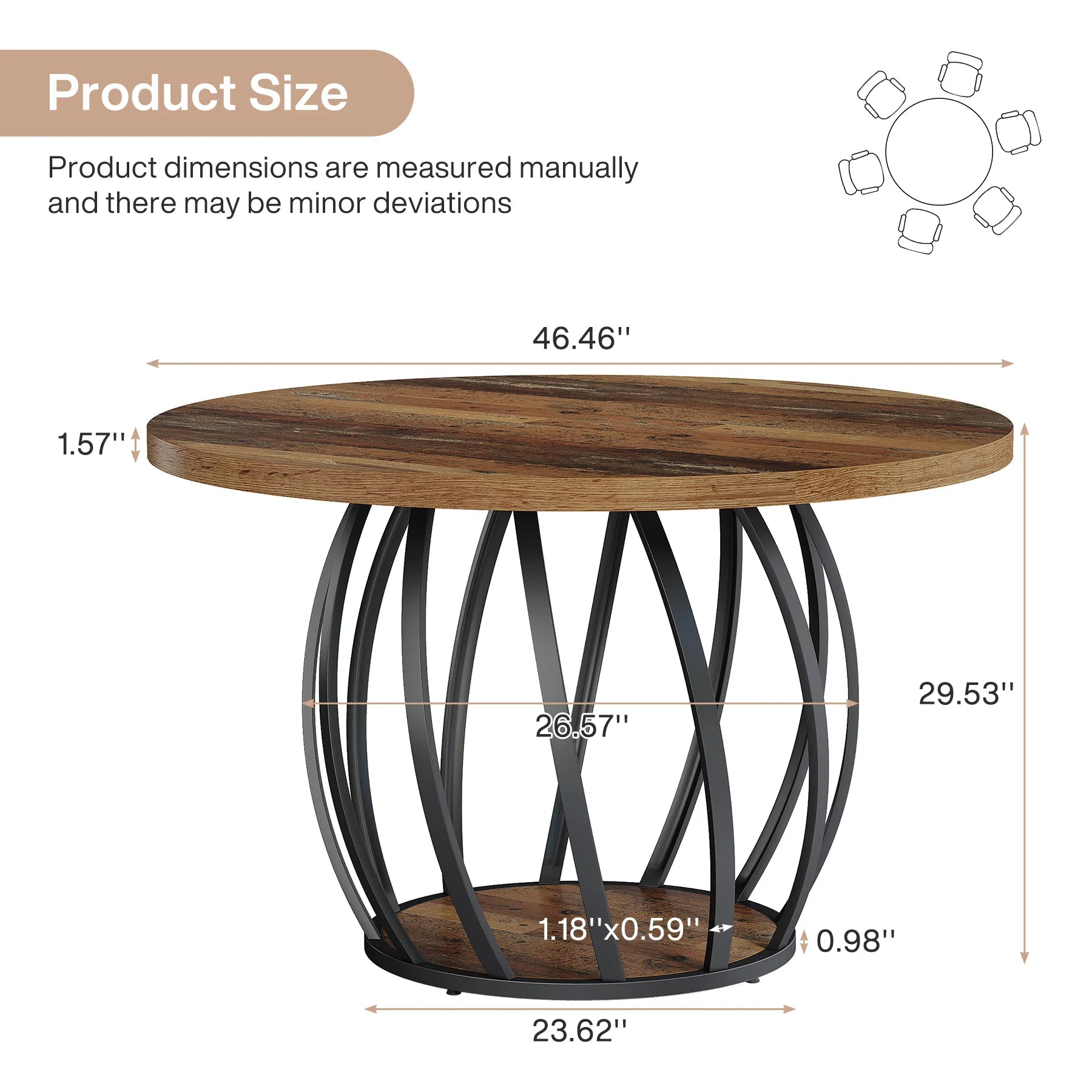 Dining Table, 46IN Round Wood Table, Sturdy Metal Base for 4-6